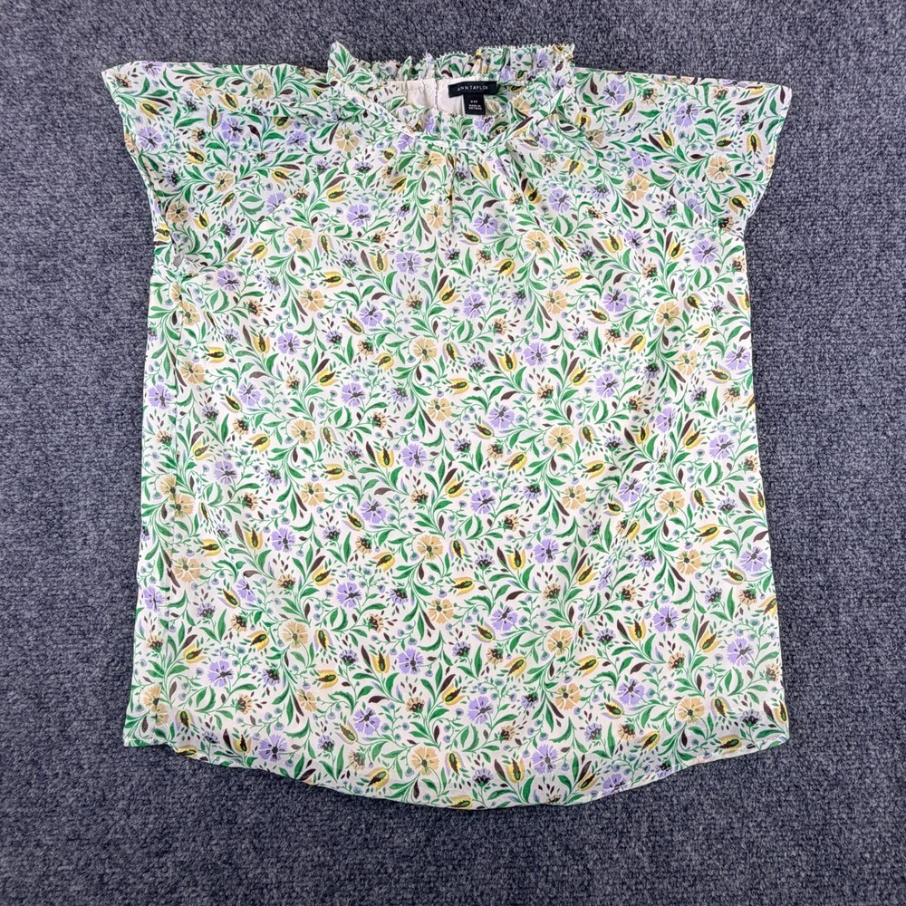 Ann Taylor Blouse Top Womens XSP Multicolor Floral Ruffle Neck Cap Sleeve Casual